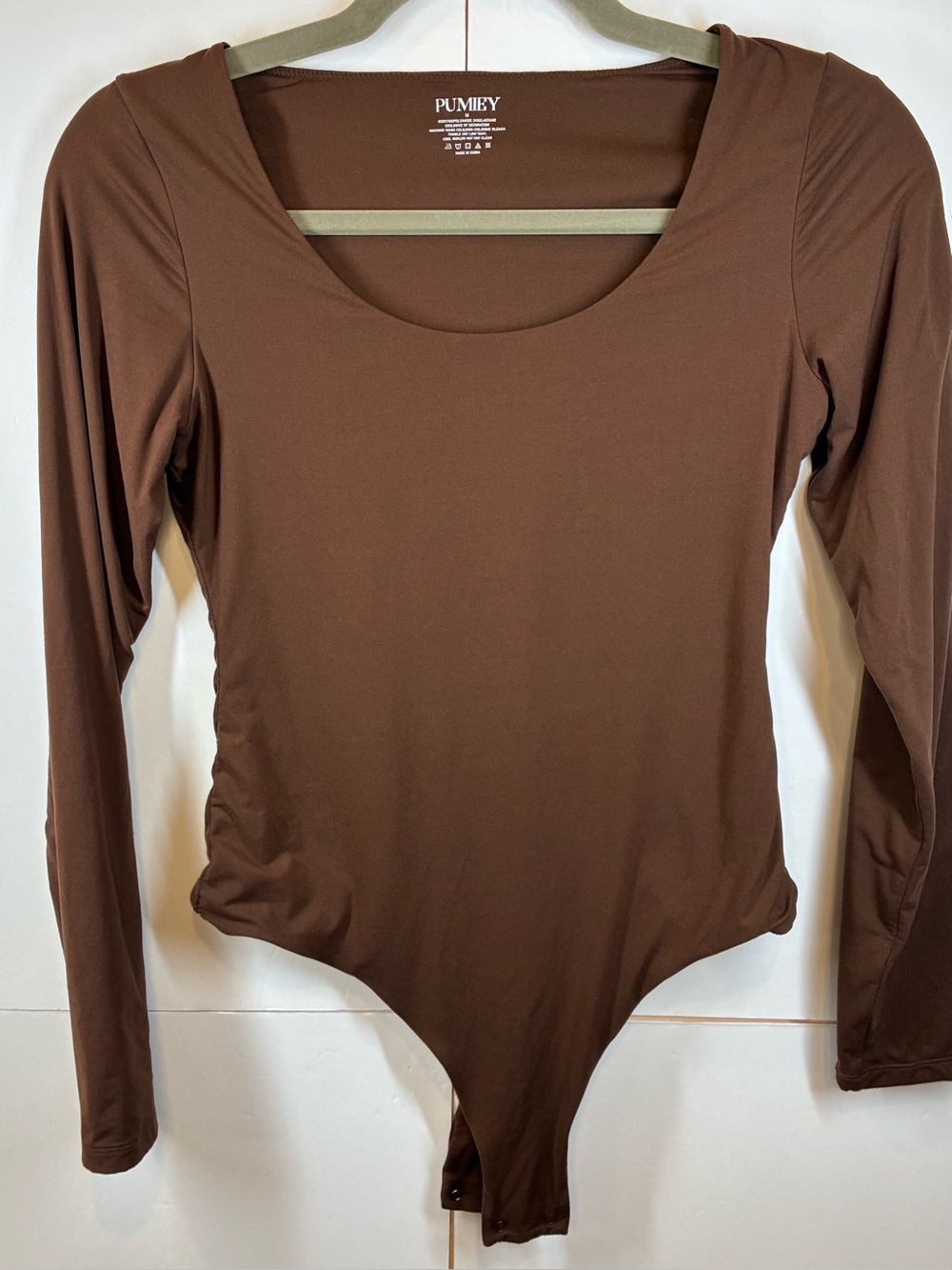 PUMIEY Brown Double Lined Long Sleeve Scoop Neck Bodysuit Women's Medium